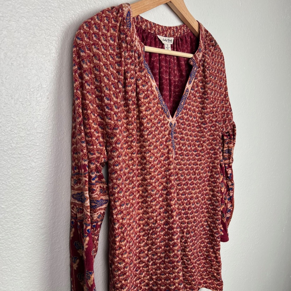 Lucky Brand Womens Burgundy Red Embroidered V-Neck Peasant Top Long Sleeve Small - Picture 5 of 8